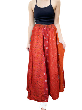 Boho Red-Orange Floral Maxi Skirt – Hippie Chic Skirt with Dori Tie & Elastic Waistband S/M/L
